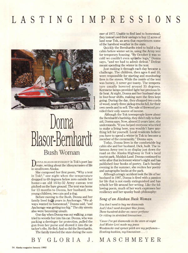 Donna and WinterCabin in Alaska magazine.
