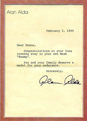 Letter to Donna from MASH star Alan Alda, congratulating the family on their long-running stay in their own MASH swamp.