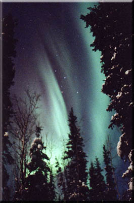 Maroon and green northern lights in the Alaskan sky.