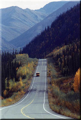 Majestic Alaskan mountains above the road.