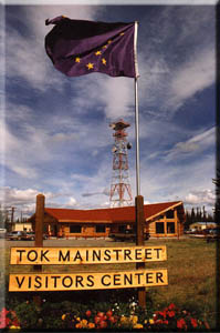 The Mainstreet Alaska sign and visitor center in Tok.