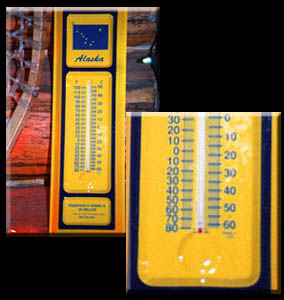 A thermometer reading 80 degrees below zero in Tok, Alaska.