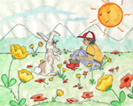 Watercolor illustration from K'haan da G'haan and the Snowshoe Rabbit.