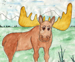 Watercolor of a young moose in winter.