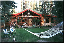 Plenty of room at the inn: the yard at this log cabin bed and breakfast.