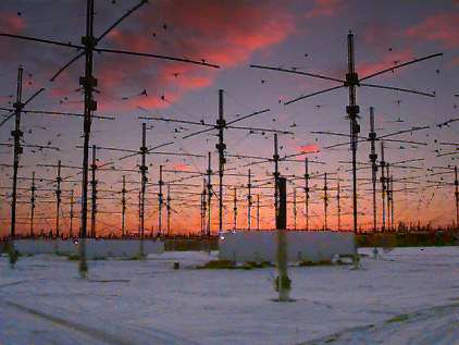 Sunset over the HAARP antenna field.