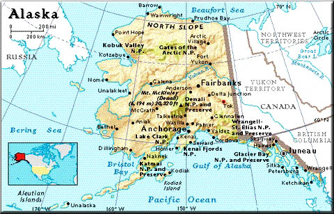 Map of Alaska showing Tok on the Alaska Highway, between Fairbanks and the Yukon border