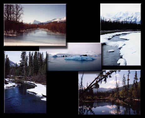Collage: winter in Alaska, beautiful mountains, ice and snow.